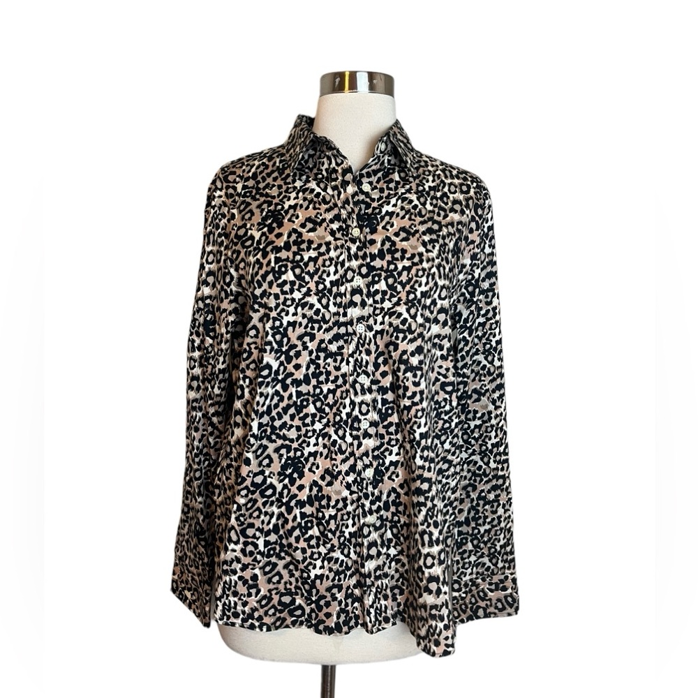 The Shirt Rochelle Behrens Shirt Leopard Print Blouse Brown Pink Large Career